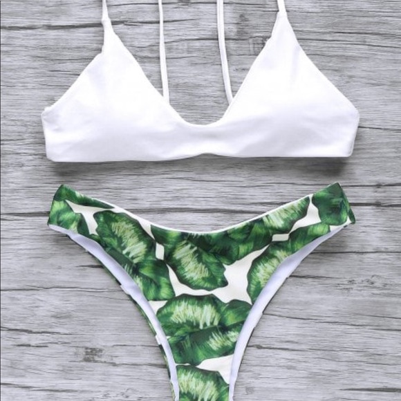 white bikini with green leaves